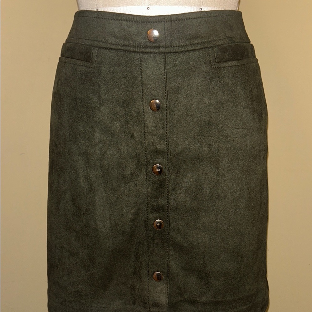 Elegant Olive Green Faux Suede Skirt